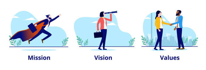 Business mission vision and values - Collection of vector illustrations with businesspeople showing metaphor for company core values. Flat design with white background