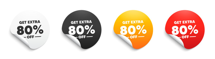 Get Extra 80 percent off Sale. Round sticker badge with offer. Discount offer price sign. Special offer symbol. Save 80 percentages. Paper label banner. Extra discount adhesive tag. Vector - obrazy, fototapety, plakaty