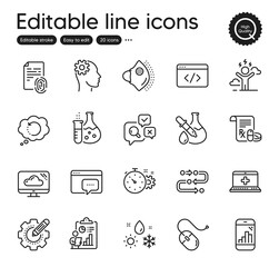 Set of Science outline icons. Contains icons as Chemistry experiment, Weather and Cloud storage elements. Computer mouse, Fingerprint, Settings gear web signs. Graph phone, Medical help. Vector