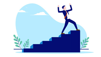 Obraz premium Businessman winner on top of stairs with raised hands in air cheering and celebrating success. Flat design vector illustration with white background