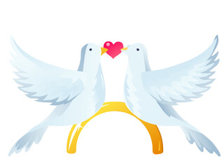 Love design concept with two white pigeons holding heart in its beak on transparent realistic