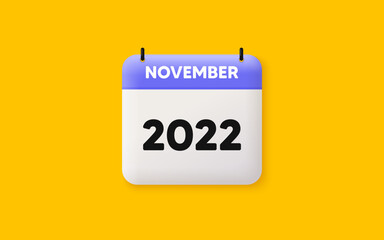 Calendar agenda 3d icon. November month icon. Event schedule Nov date. Meeting appointment planner. Agenda plan, Month schedule 3d calendar and Time planner. November day reminder. 2022 year. Vector