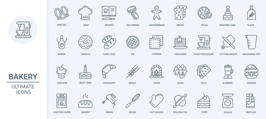 Obraz na płótnie Canvas Bakery food menu and kitchen equipment thin line icons set vector illustration. Outline sweet cake and bread or loaf, pizza and croissant, donut and burger, chefs hat with apron and mixer with whisk