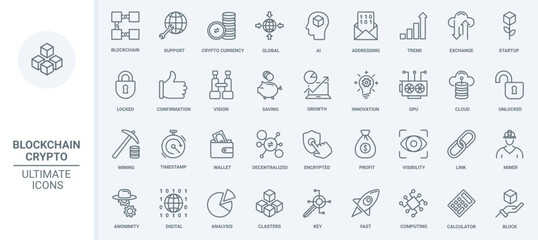 Cryptocurrency, blockchain thin line icons set vector illustration. Outline global digital crypto money trends, profit on fintech exchange analysis and bitcoin data mining, startup launch rocket