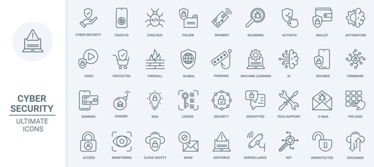 Fototapeta na wymiar Cyber security thin line icons set vector illustration. Outline data safety and secure access technology, AI and machine learning for global antivirus protection of information, wallet and code