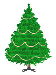 Vector christmas tree isolated on transparent background. Beautiful shining christmas tree with decorations - balls, garlands, bulbs, tinsel and a golden 