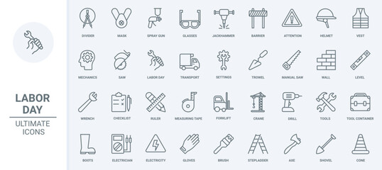 Workers tools in industry thin black line icons set vector illustration. Outline paint brush and wrench, saw and shovel from mechanical repair toolbox, construction crane and drill, road barrier