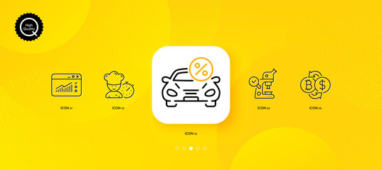 Fototapeta na wymiar Chef, Web traffic and Bitcoin exchange minimal line icons. Yellow abstract background. Microscope, Car leasing icons. For web, application, printing. Vector