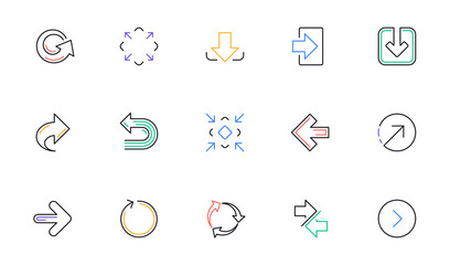 Arrow icons. Download, Synchronize and Share. Navigation linear icon set. Bicolor outline web elements. Vector