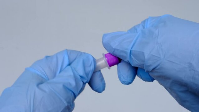 closeup female hands, assistant makes express test in medical scientific laboratory, stirs sample of genetic sample, concept of determining ethnic origin, paternity, covid-19 infection