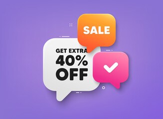 Get Extra 40 percent off Sale. 3d bubble chat banner. Discount offer coupon. Discount offer price sign. Special offer symbol. Save 40 percentages. Extra discount adhesive tag. Promo banner. Vector