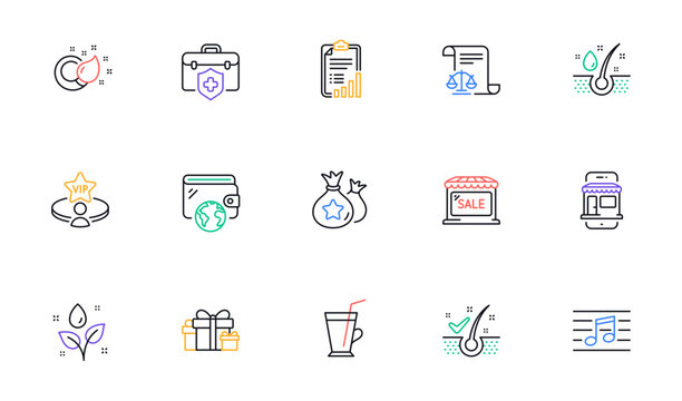 Medical insurance, Serum oil and Legal documents line icons for website, printing. Collection of Checklist, Paint brush, Market sale icons. Vip table, Marketplace. Vector