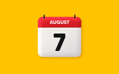 Calendar date 3d icon. 7th day of the month icon. Event schedule date. Meeting appointment time. Agenda plan, August month schedule 3d calendar and Time planner. 7th day day reminder. Vector