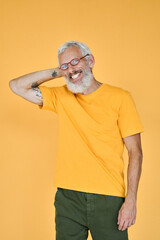 Happy stylish mature old tattooed bearded man, smiling cool mid aged gray haired older senior...