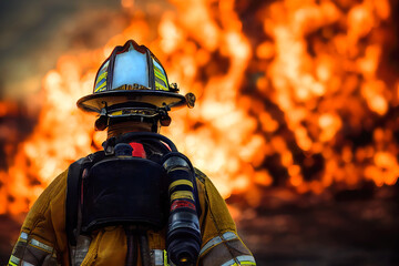 3D Illustration, Digital Art, Close-up on a firefighter back with a fire in the background