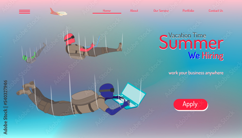 Wall mural vector of a landing page website template with floating men working on the laptop