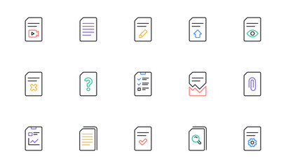 Document line icons. Report, Checklist and Download file. Read message linear icon set. Bicolor outline web elements. Vector