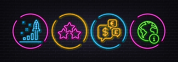 Ranking stars, Development plan and Money currency minimal line icons. Neon laser 3d lights. Internet icons. For web, application, printing. Winner award, Strategy, Currency exchange. Web info. Vector