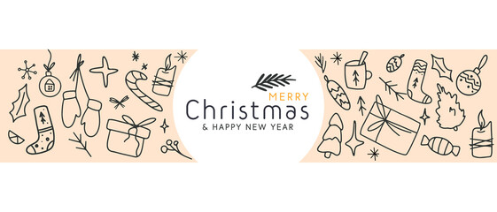 Horizontal Merry Christmas and Happy New Year border ornament with hand drawn winter element banner illustration