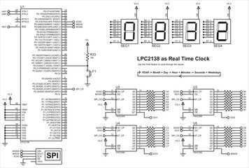 Vector electrical circuit. 
A real-time clock assembled on the basis of the LPC2138 microcontroller and
seven-segment indicators.