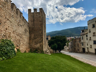 Fototapeta na wymiar Montblanc, Spain, June 2019 - A large brick building with grass in front of a castle