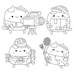 Set vector outline illustration of cute cat character for coloring book