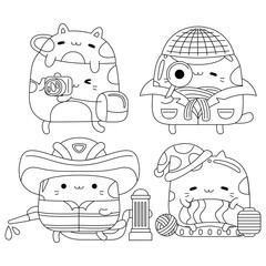 Set vector outline illustration of cute cat character for coloring book