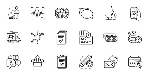 Outline set of Voice wave, Project deadline and Handout line icons for web application. Talk, information, delivery truck outline icon. Include Frying pan, Checklist, Approved app icons. Vector