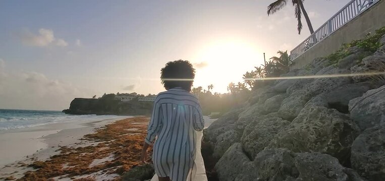 Woman Walking on Rocks in Barbados Ginger Bay Alone 