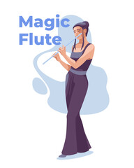 a young attractive flautist wearing an evening dress is playing. Isolated on white background. Classical music and concert. Vector flat illustration