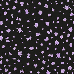 Abstract, minimal floral and butterfly seamless repeat pattern. Random placed, vector botanical elements all over surface print on black background.