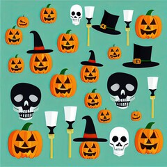 Scary creepy Happy Halloween pumpkins on green background.