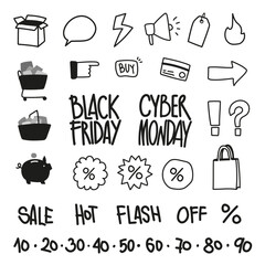 Sale discount doodle icons set.Illustration vectorial simple line. Black friday and Cyber monday  