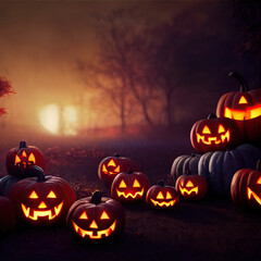 Scary creepy Happy Halloween pumpkins night scene background.