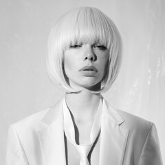 Studio fashion photo of young elegant woman in white men's jacke