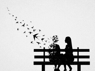 Loving couple on bench. Death and afterlife. Flying birds silhouette