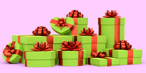 Gift boxes with ribbon and bow isolated on pink background. greeting design