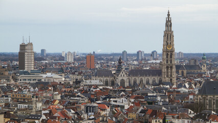 Naklejka premium Antwerp, Belgium, Aerial city view with a high church