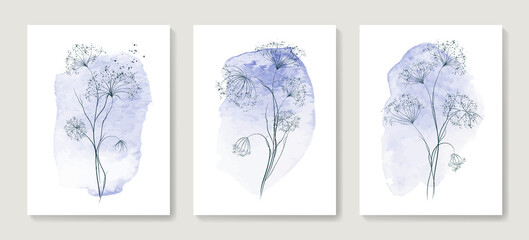 Art background with grass and flowers hand drawn in art line style with blue elements. Botanical print set for invitations, cover, wallpaper, poster, interior design, decor.