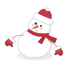 A snowman in a hat and mittens. Vector illustration