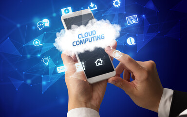 Hand using smartphone with cloud technology concept