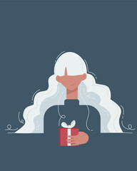 a girl with white hair and a New Year's gift in her hands.