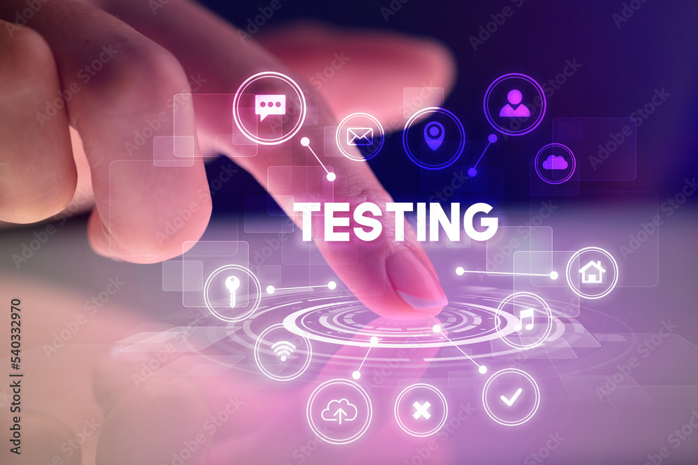Poster finger touching tablet with web technology icons concept