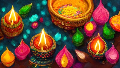 Fototapeta premium Happy diwali illustration. Festive diwali card. Design template with lamp, golden lights, colorful background.