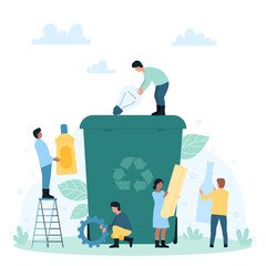 Waste collection, recycling bio technology vector illustration. Cartoon tiny activists collect plastic bottles, glass jars in green container with recycle sign, people save environment and energy