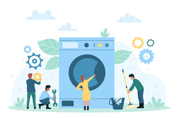 Laundry, washing machine repair and maintenance service vector illustration. Cartoon tiny people repairing broken home electric appliance with instruments, professional technicians work with equipment