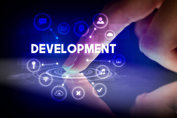 Finger touching tablet with web technology icons concept