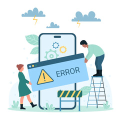 Maintenance service for phone software with system error vector illustration. Cartoon tiny people holding error message with warning sign, engineers work and fix failure and mistake in smartphone