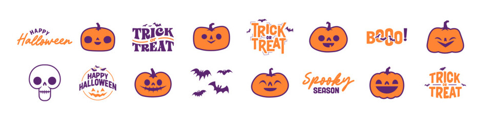 Set of Halloween icons. Vector illustration. Carved pumpkins, skulls and bats. Trick or treat spooky design.