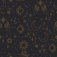 Seamless pattern with constellations. Sun, moon, magic hands and stars. Mystical esoteric background for design. Astrology magical vector.